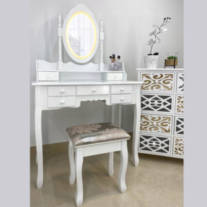Set Masa de toaleta si machiaj cu taburet Chic, alba, cu 7 sertare si oglinda, iluminare LED, 90x40x146 cm