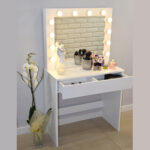 Hollywood stílusú toalett- és sminkasztal, fehér, tükörrel és 12 LED-del, 80x40x140 cm