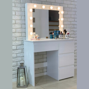 Masa de toaleta si machiaj Hollywood Pro, alba, cu 4 sertare, oglinda si 12 LED-uri, 90x40x140 cm