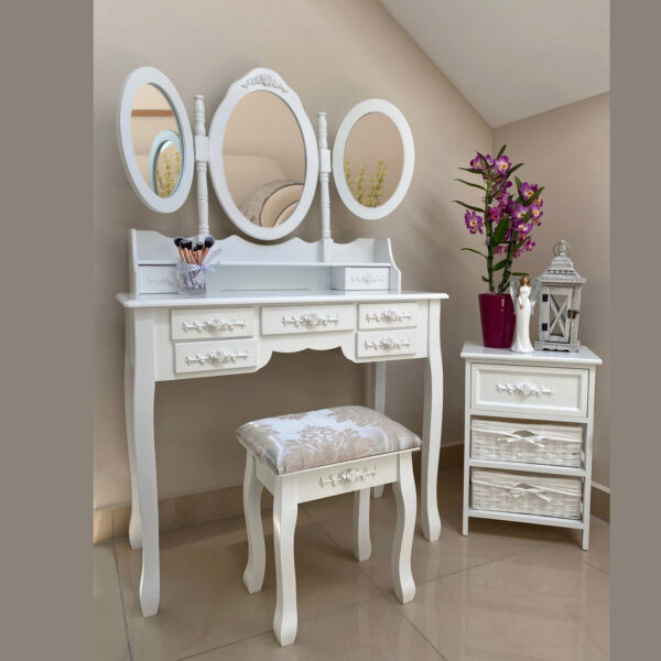 Set Masa de toaleta si machiaj cu taburet Vintage, alba, cu 7 sertare si 3 oglinzi, 90x40x146 cm