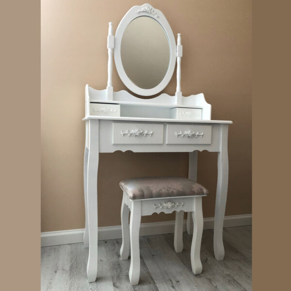 Set Masa de toaleta si machiaj cu taburet Sophia, alba, cu 3 sertare si oglinda, iluminare LED, 71x40x135 cm