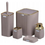 Négyzet alakú műanyag fürdőszobai kiegészítő készlet, 5 db, bézs