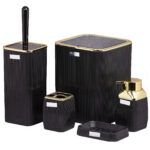 Négyzet alakú műanyag fürdőszobai kiegészítők készlete, 5 db, fekete