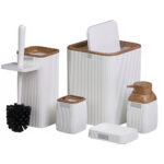 Négyzet alakú műanyag fürdőszobai kiegészítők szett, 5 db, fehér barna