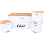 (DL) Set cutie depozitare paine si 3 recipiente, metalica cu capac din bambus, alb si maro