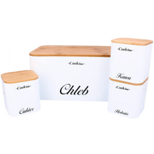 (DL) Set cutie depozitare paine si 3 recipiente, metalica cu capac din bambus, alb si maro