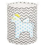 Ruha- vagy játéktároló kosár, 50x40 cm, pamut és lenvászon, 80 l, egyszarvú, szürke