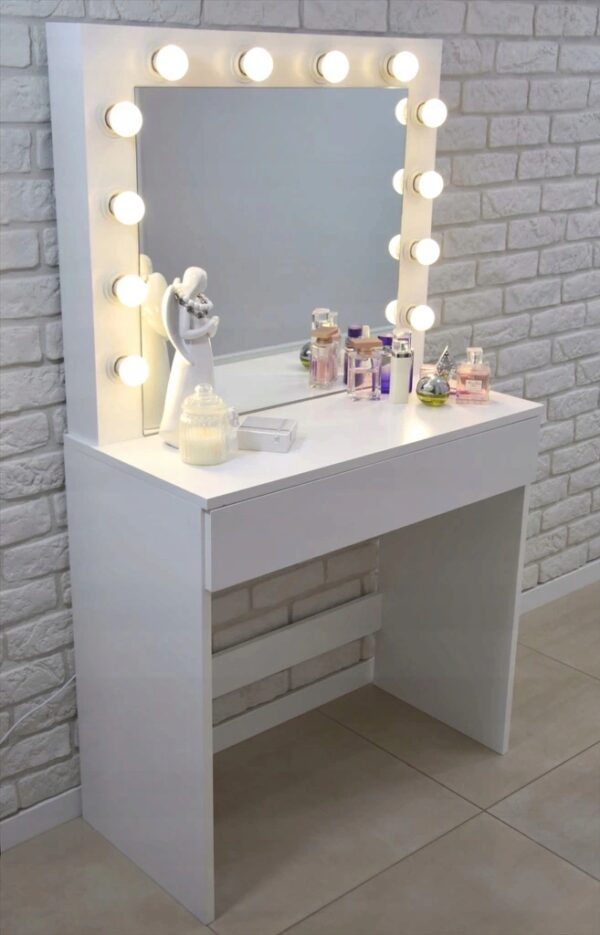Masa de toaleta si machiaj Hollywood, alba, cu oglinda si 12 LED-uri, 80x40x140 cm - Image 2