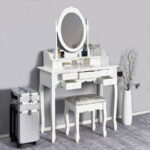 Set Masa de toaleta si machiaj cu taburet Chic, alba, cu 7 sertare si oglinda, 90x40x146 cm
