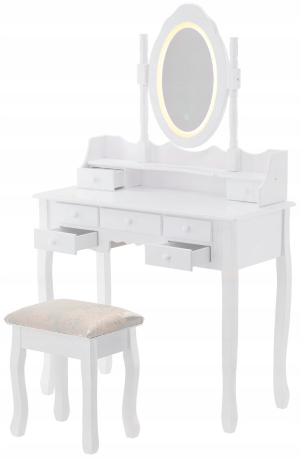 Set Masa de toaleta si machiaj cu taburet Chic, alba, cu 7 sertare si oglinda, iluminare LED, 90x40x146 cm - Image 2