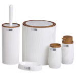 Kerek műanyag fürdőszobai kiegészítők szett, 5 db, fehér barna