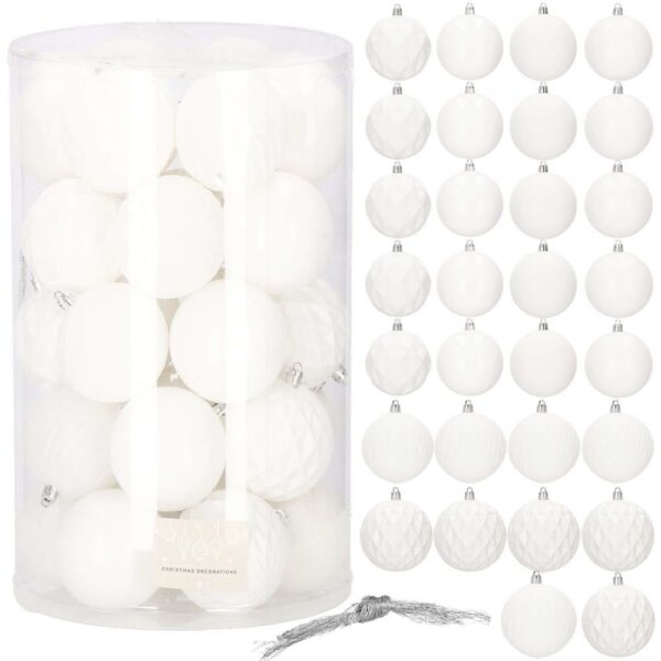 Set globuri de Craciun, 30 bucati, 8cm, 6 modele, alb - Image 10