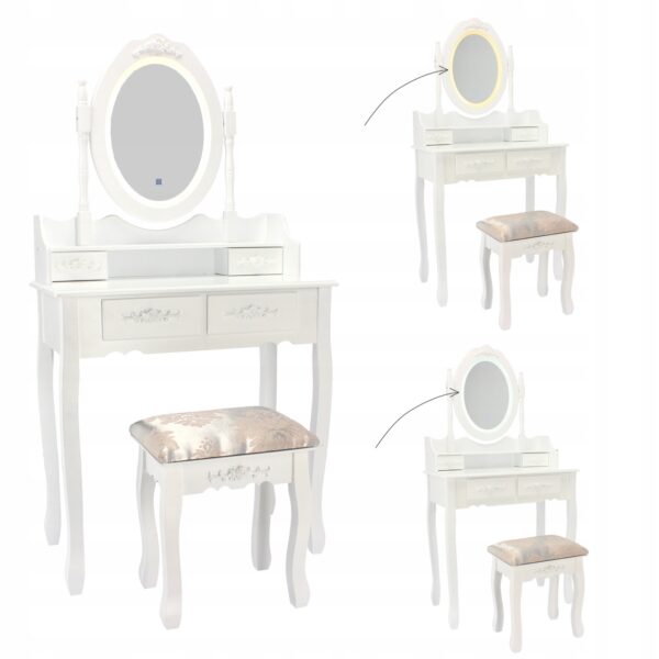 Set Masa de toaleta si machiaj cu taburet Vintage, alba, cu 3 sertare si oglinda, iluminare LED, 74x40x143 cm - Image 10