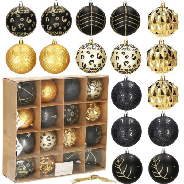 Set globuri de Craciun, 16 bucati, 8cm, 6 modele, negru auriu - Image 11