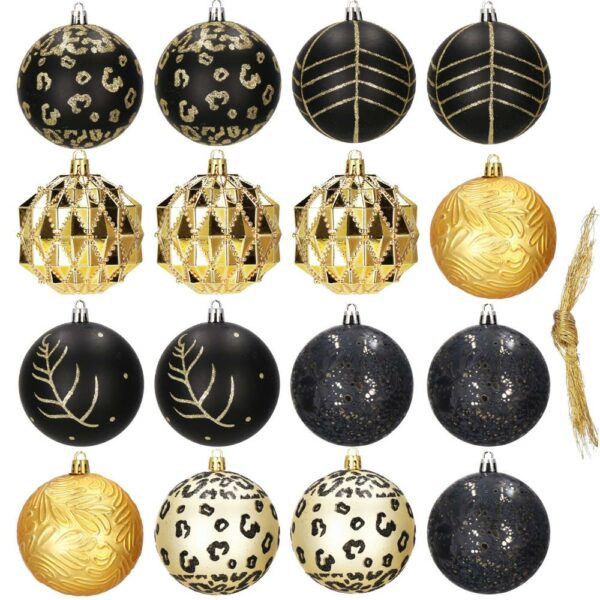 Set globuri de Craciun, 16 bucati, 8cm, 6 modele, negru auriu - Image 12