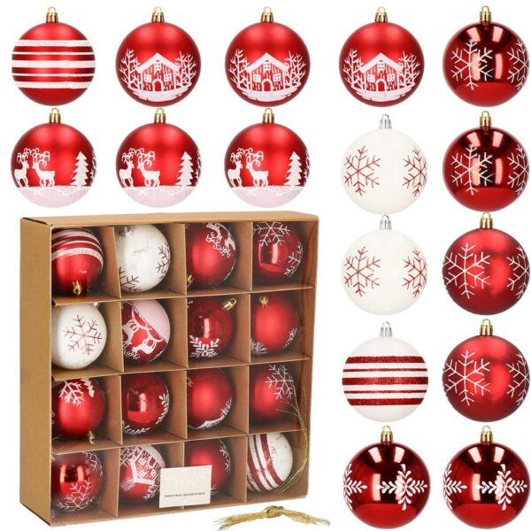 Set globuri de Craciun, 16 bucati, 8cm, 8 modele, rosu alb - Image 12