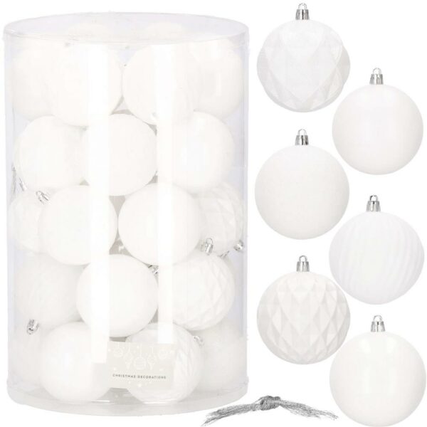 Set globuri de Craciun, 30 bucati, 8cm, 6 modele, alb - Image 2