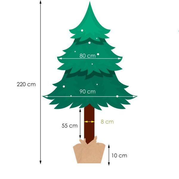 Mesterséges karácsonyfa Christmas Deluxe by Sersimo, fa törzsű talppal, havas (Snow), 220 cmPARAMÉTEREK: Fa magassága: 220 cm Zöld talp mérete: 21 x 21 cm Csúcs magassága: kb. 30 cm A karácsonyfa maximális szélessége (átmérő): 90 cm Talp magassága: 10 cm Ágszintek száma: 11 + csúcs Ágak száma: 32 Elágazások száma: 281 Törzs átmérője: kb. 8 cm Összecsukható talp A korona elemeinek száma: 2 Fából készült törzs magassága: kb. 55 cm Kiegészítő: jutazsák a talp eltakarásához Összeszerelést igényel Természetes fatörzs, amelyen gyanta- és ágelválások nyomai előfordulhatnak. A törzs átmérője és magassága enyhén eltérhet, mivel természetes anyagról van szó. EGYEDI KARÁCSONYI FA EGYEDI KARÁCSONYRA Mi lehet varázslatosabb, mint a karácsony egyedülálló hangulata? Valószínűleg senki sem kételkedik abban, hogy egy gyönyörűen feldíszített karácsonyfa a legfontosabb eleme ennek a varázslatos ünnepi légkörnek. A karácsonyfa díszítése a családdal együtt az év egyik legemlékezetesebb pillanata, amely számos szép emléket idéz fel. A bemutatott karácsonyfa különleges módon tükrözi vissza a karácsony csodálatos hangulatát – egyszerre ismerős és meghitt formában –, kiemelve az ünnep melegét és családias légkörét. FEDEZZE FEL KARÁCSONYFÁNK ELŐNYEIT  Precíz kivitelezés, amely ötvözi a tartósságot és az eleganciát  Sűrű ág- és tűelrendezés  Egyenletes tűeloszlás az ágak mentén – nincsenek hézagok  Könnyen formázható ágak, többféle alakzatban hajlíthatók  Élethű és változatos ágvégek  Természetes fenyőtűket tökéletesen utánzó szín  Magassági szintekhez igazodó ágstruktúra  Erős és tartós huzalok - Image 2