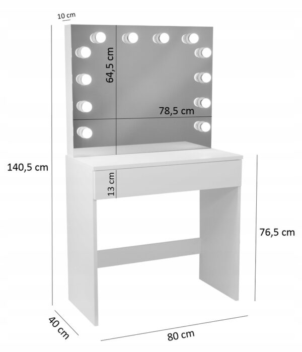 Masa de toaleta si machiaj Hollywood Plus, alba, cu oglinda mare si 12 LED-uri, 80x40x140 cm - Image 3