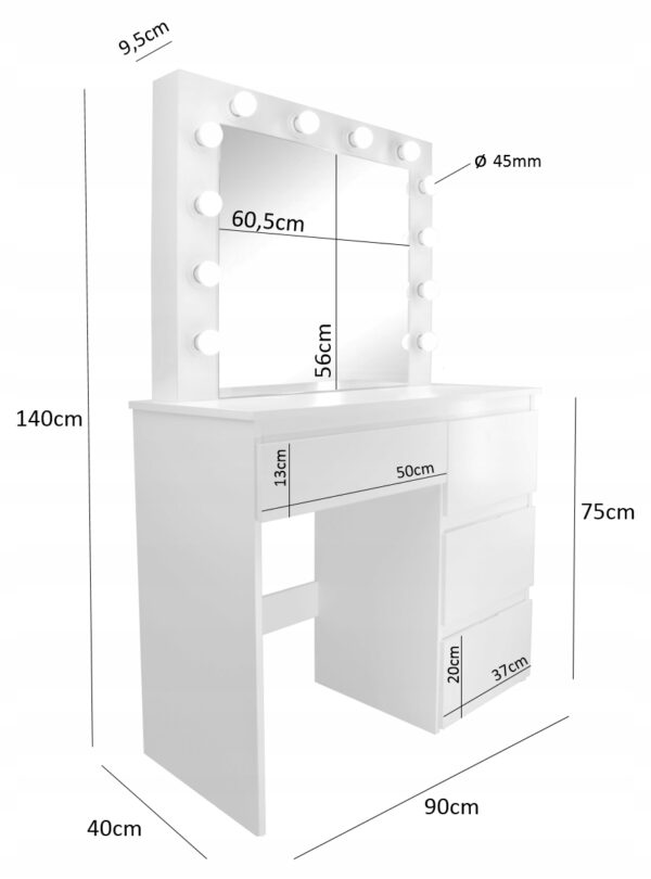 Masa de toaleta si machiaj Hollywood Pro, alba, cu 4 sertare, oglinda si 12 LED-uri, 90x40x140 cm - Image 3