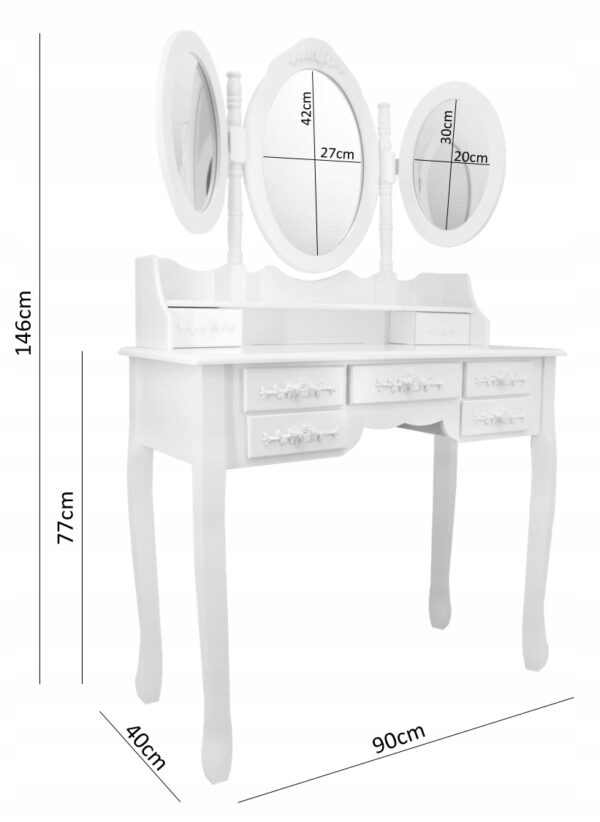 Set Masa de toaleta si machiaj cu taburet Vintage, alba, cu 7 sertare si 3 oglinzi, 90x40x146 cm - Image 3