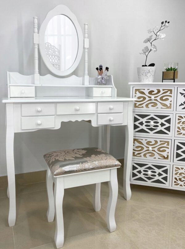 Set Masa de toaleta si machiaj cu taburet Chic, alba, cu 7 sertare si oglinda, 90x40x146 cm - Image 2