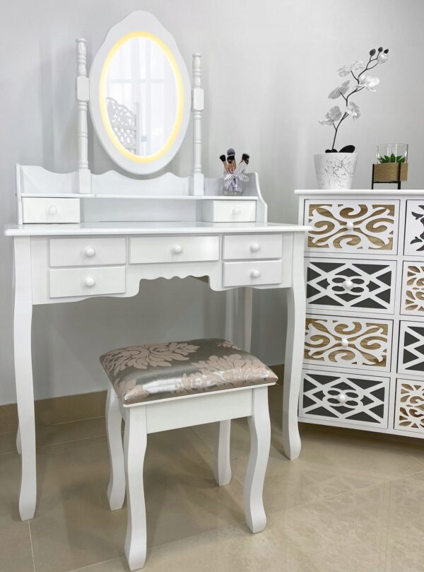 Set Masa de toaleta si machiaj cu taburet Chic, alba, cu 7 sertare si oglinda, iluminare LED, 90x40x146 cm - Image 3