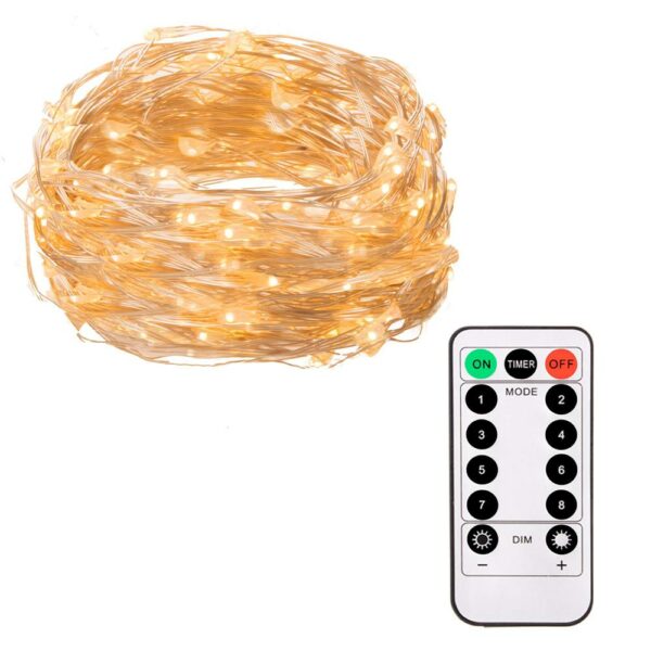 Instalatie lumina decorativa cu 100 LED-uri, 10m, alimentare baterii, telecomanda, iluminare galbena - Image 2