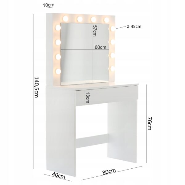 Masa de toaleta si machiaj Hollywood, alba, cu oglinda si 12 LED-uri, 80x40x140 cm - Image 4