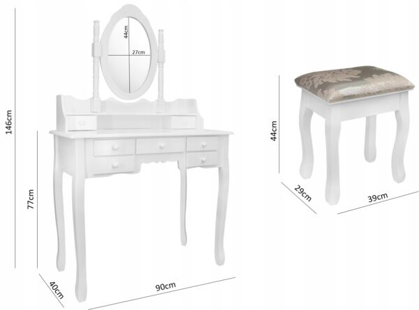 Set Masa de toaleta si machiaj cu taburet Chic, alba, cu 7 sertare si oglinda, 90x40x146 cm - Image 3