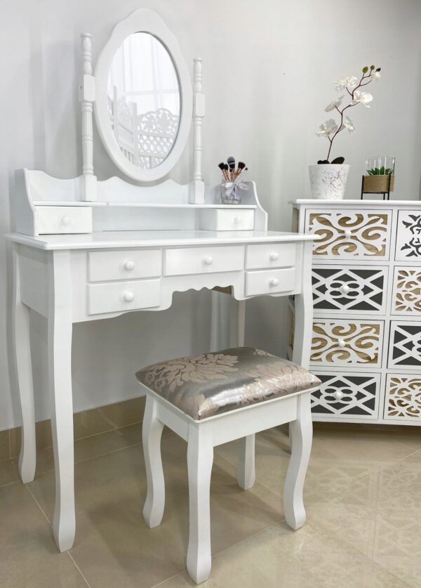 Set Masa de toaleta si machiaj cu taburet Chic, alba, cu 7 sertare si oglinda, 90x40x146 cm - Image 4
