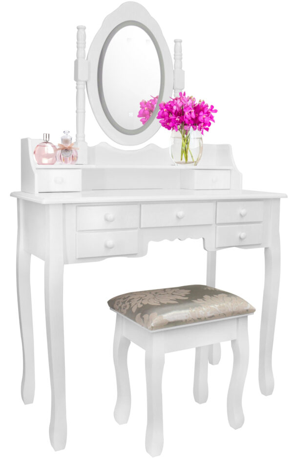 Set Masa de toaleta si machiaj cu taburet Chic, alba, cu 7 sertare si oglinda, iluminare LED, 90x40x146 cm - Image 5