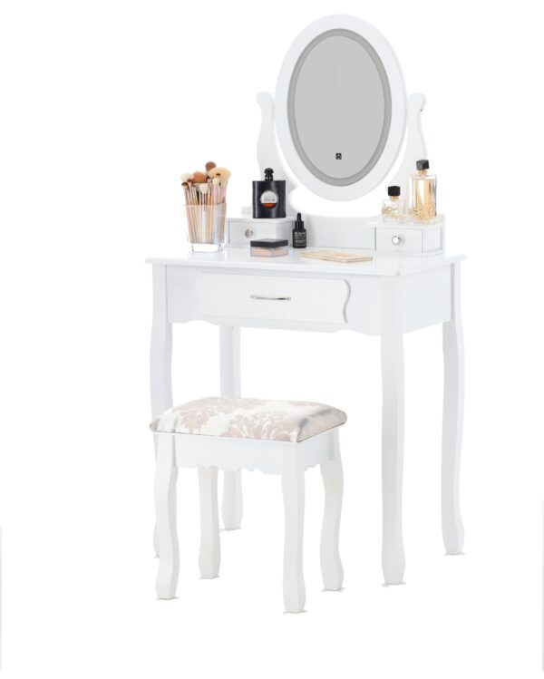 Set Masa de toaleta si machiaj cu taburet Sophia, alba, cu 3 sertare si oglinda, iluminare LED, 71x40x135 cm - Image 5