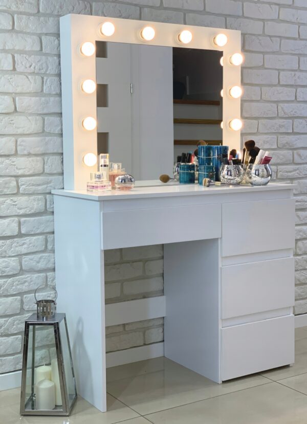 Masa de toaleta si machiaj Hollywood Pro, alba, cu 4 sertare, oglinda si 12 LED-uri, 90x40x140 cm - Image 6
