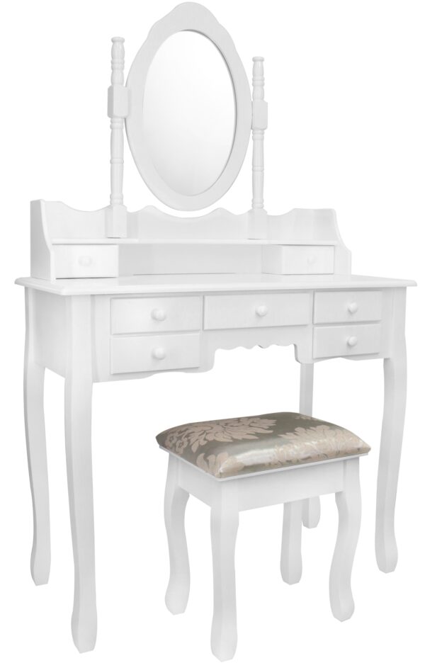 Set Masa de toaleta si machiaj cu taburet Chic, alba, cu 7 sertare si oglinda, 90x40x146 cm - Image 5