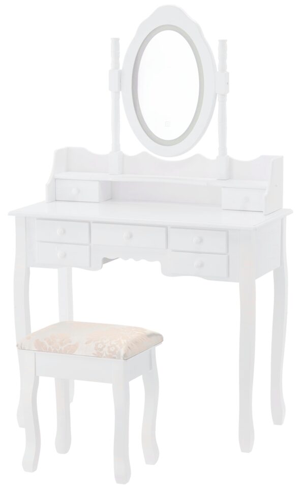 Set Masa de toaleta si machiaj cu taburet Chic, alba, cu 7 sertare si oglinda, iluminare LED, 90x40x146 cm - Image 6