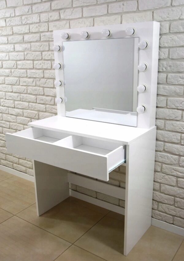 Masa de toaleta si machiaj Hollywood, alba, cu oglinda si 12 LED-uri, 80x40x140 cm - Image 7