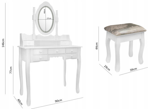 Set Masa de toaleta si machiaj cu taburet Chic, alba, cu 7 sertare si oglinda, iluminare LED, 90x40x146 cm - Image 7