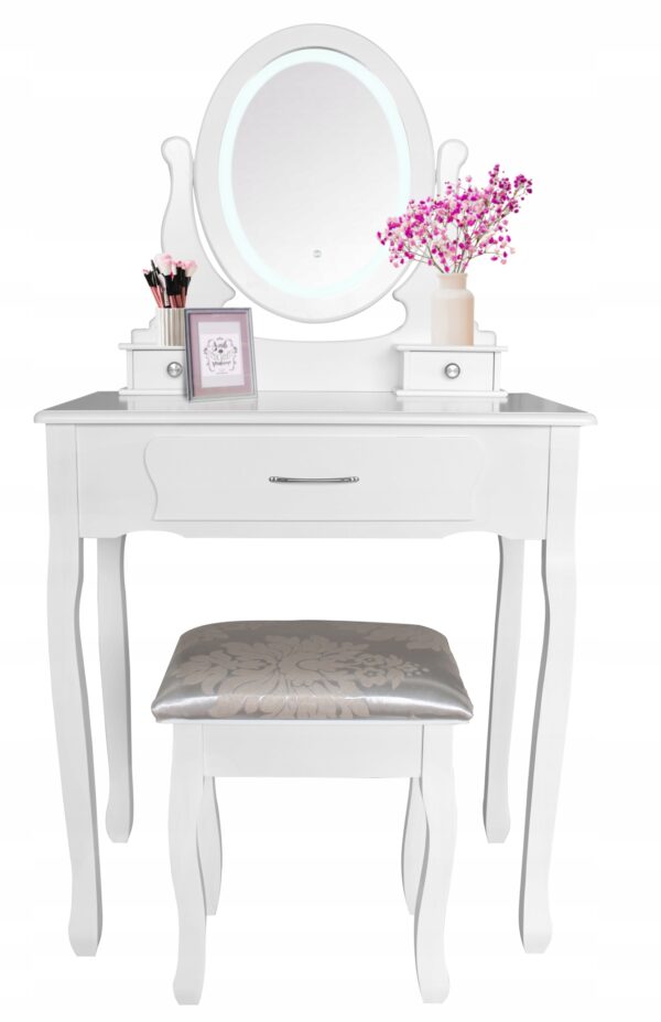 Set Masa de toaleta si machiaj cu taburet Sophia, alba, cu 3 sertare si oglinda, iluminare LED, 71x40x135 cm - Image 7