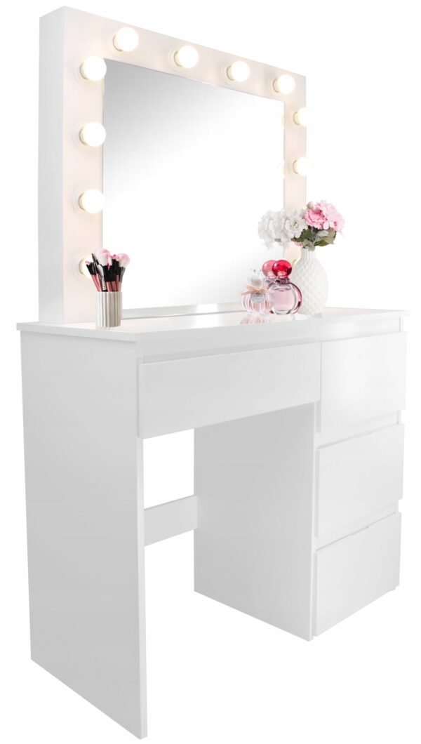 Masa de toaleta si machiaj Hollywood Pro, alba, cu 4 sertare, oglinda si 12 LED-uri, 90x40x140 cm - Image 8