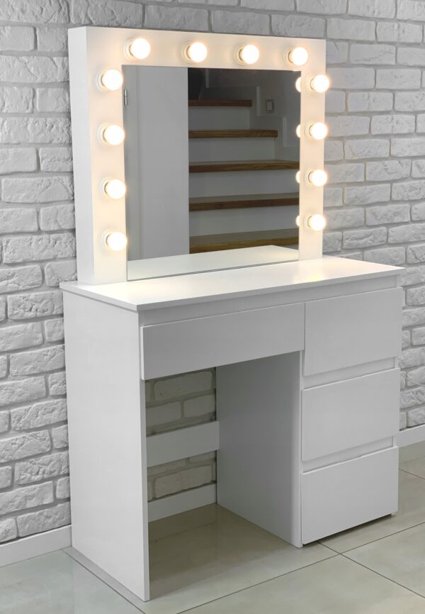 Masa de toaleta si machiaj Hollywood Pro, alba, cu 4 sertare, oglinda si 12 LED-uri, 90x40x140 cm - Image 9
