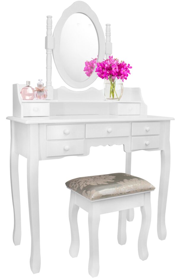 Set Masa de toaleta si machiaj cu taburet Chic, alba, cu 7 sertare si oglinda, 90x40x146 cm - Image 8
