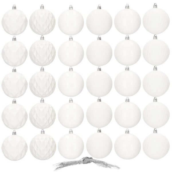 Set globuri de Craciun, 30 bucati, 8cm, 6 modele, alb - Image 9