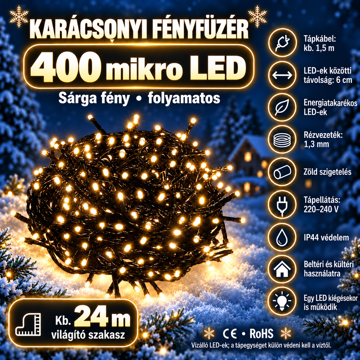 Lámpafüzér karácsonyfához, 25,5 méter, 400 LED, sárga - Image 2