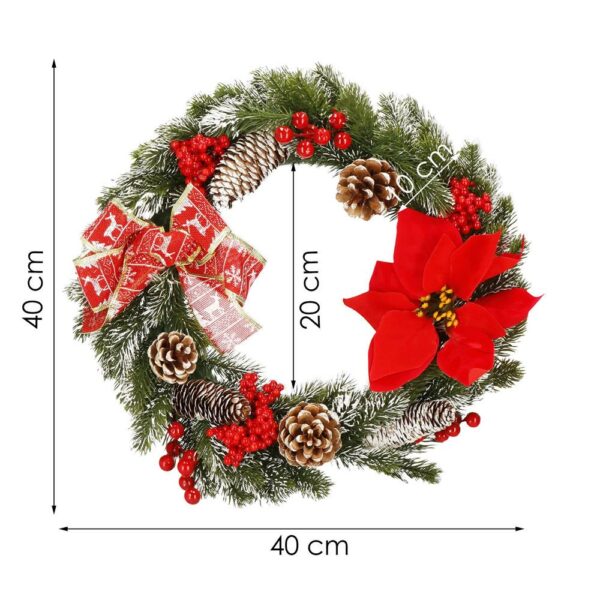 Karácsonyi koszorú, 40 cm, 3D műfenyőből, tobozokkal és hóval, zöld - Image 11