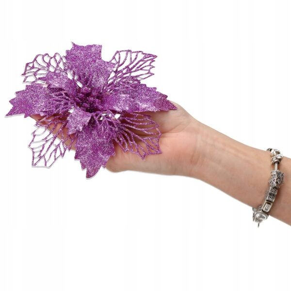 Set 10 ornamente pentru bradul de Craciun, stea Poinsettia, 16cm, violet - Image 2