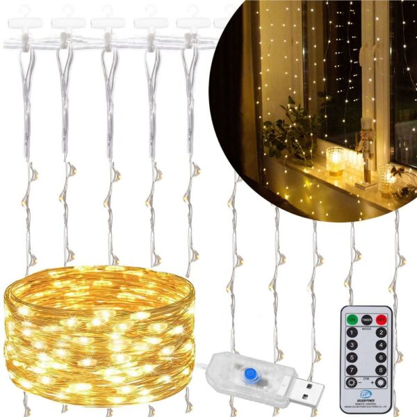 Fényfüggöny 200 LED, 2x2m, beltéri használatra, USB tápegység, meleg fehér (sárga) - Image 3