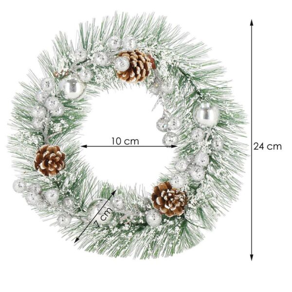 Karácsonyi koszorú, 24 cm, műfenyőből, tobozokkal és hóval, zöld - Image 5