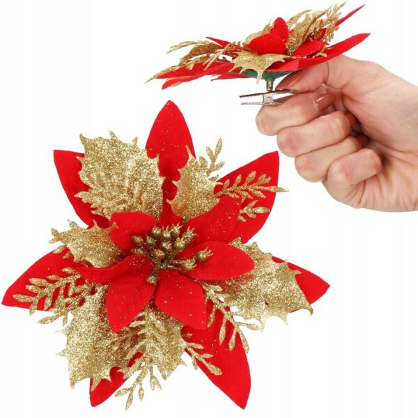 10 db-os karácsony Mikulásvirág dísz, 14cm, aranypiros - Image 4