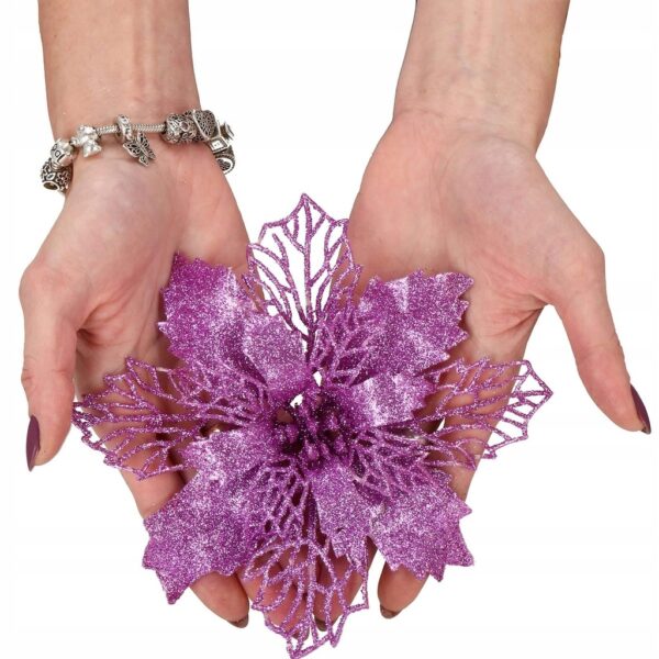 Set 10 ornamente pentru bradul de Craciun, stea Poinsettia, 16cm, violet - Image 6
